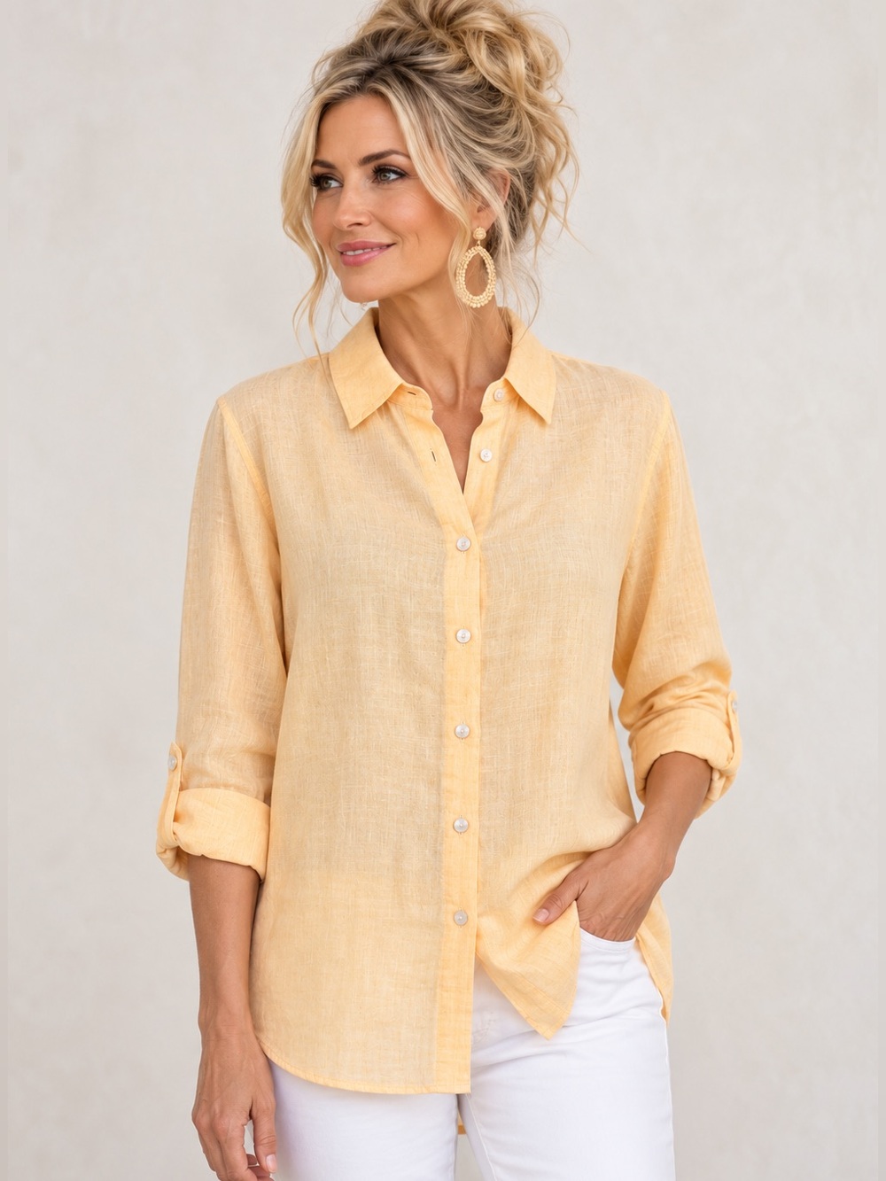 Chico’s Peach 100% Linen Button Down Shirt Size 2 12/14 No Iron